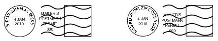 These graphics show Post Office Precanceled postmarks with return address.